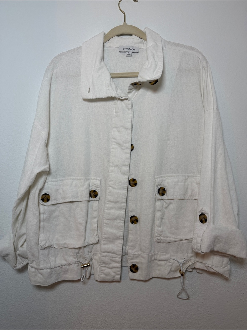 Linen Relaxed White Utility Jacket with Button Pockets